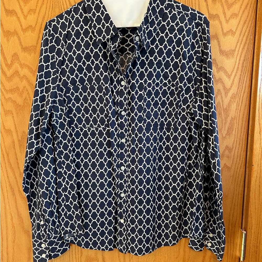 Navy and White Patterned Button-Up Shirt